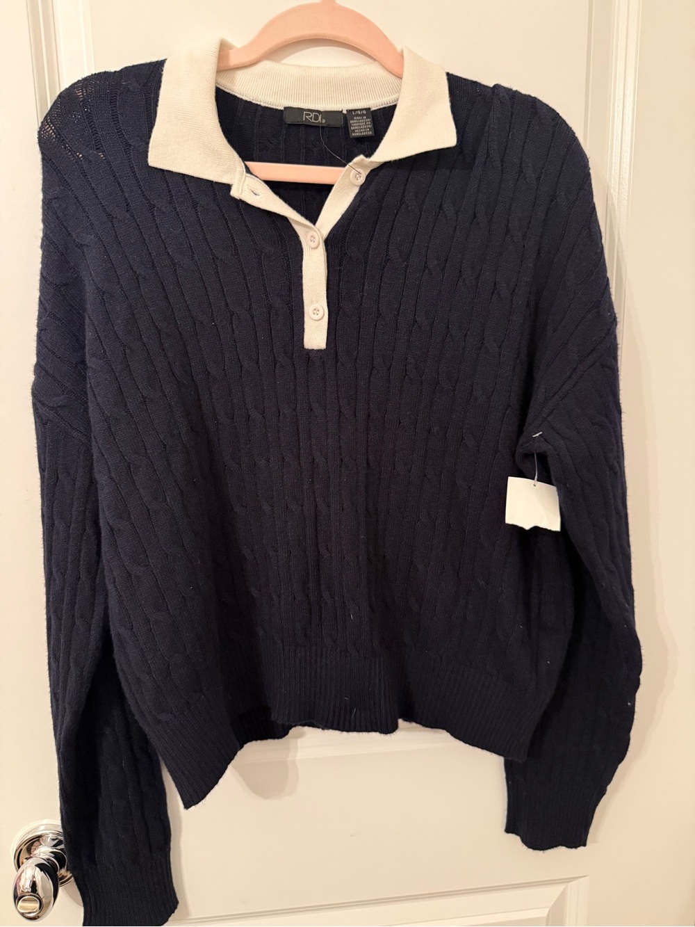 RD Style Navy Cable Knit Sweater Cream Polo Collar Button Placket Large